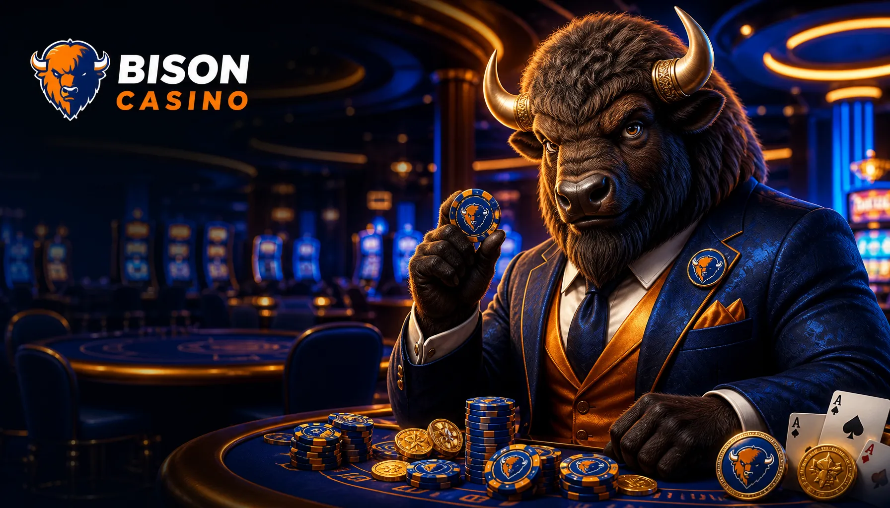 Premium Bison Casino Poland HERO banner featuring a powerful bison mascot, set in a luxurious casino environment with blue, o
