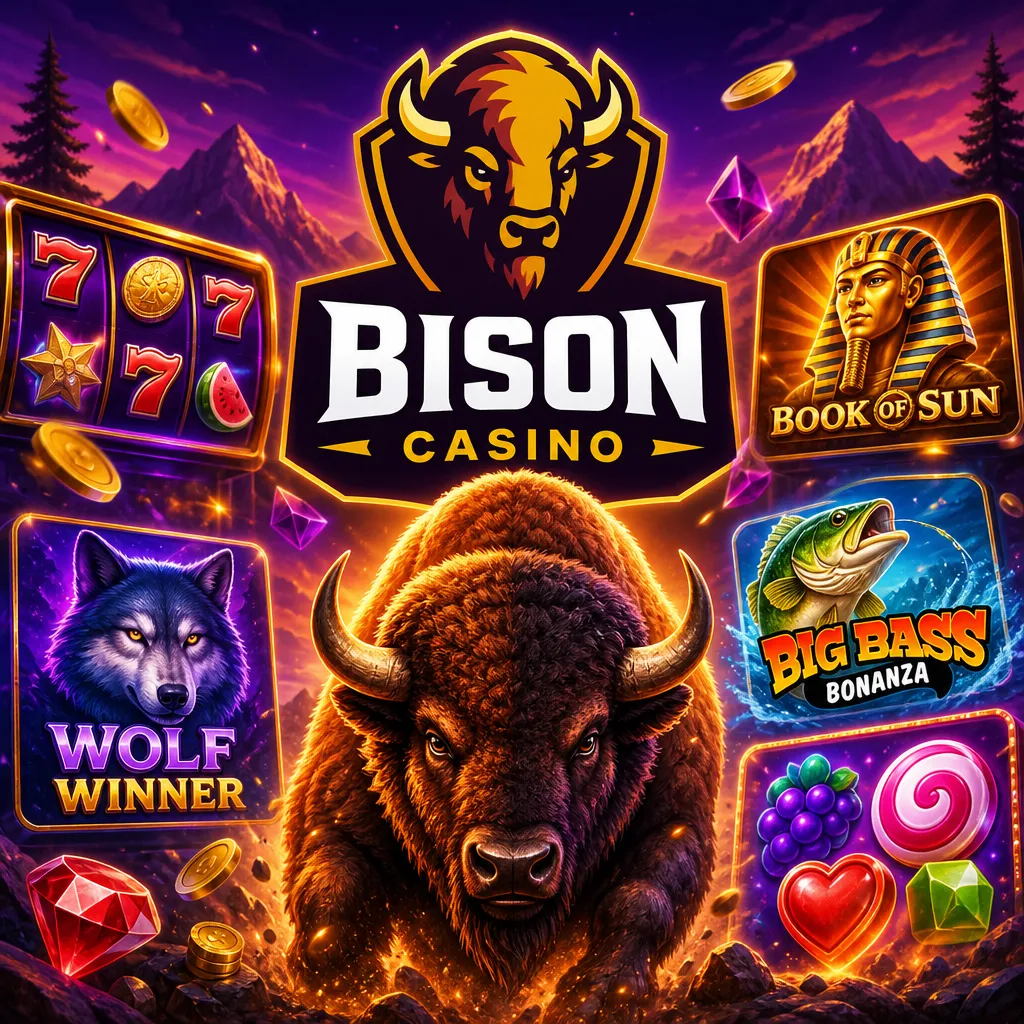 Promotional image for Bison Casino featuring official logo and game elements in a balanced square composition.